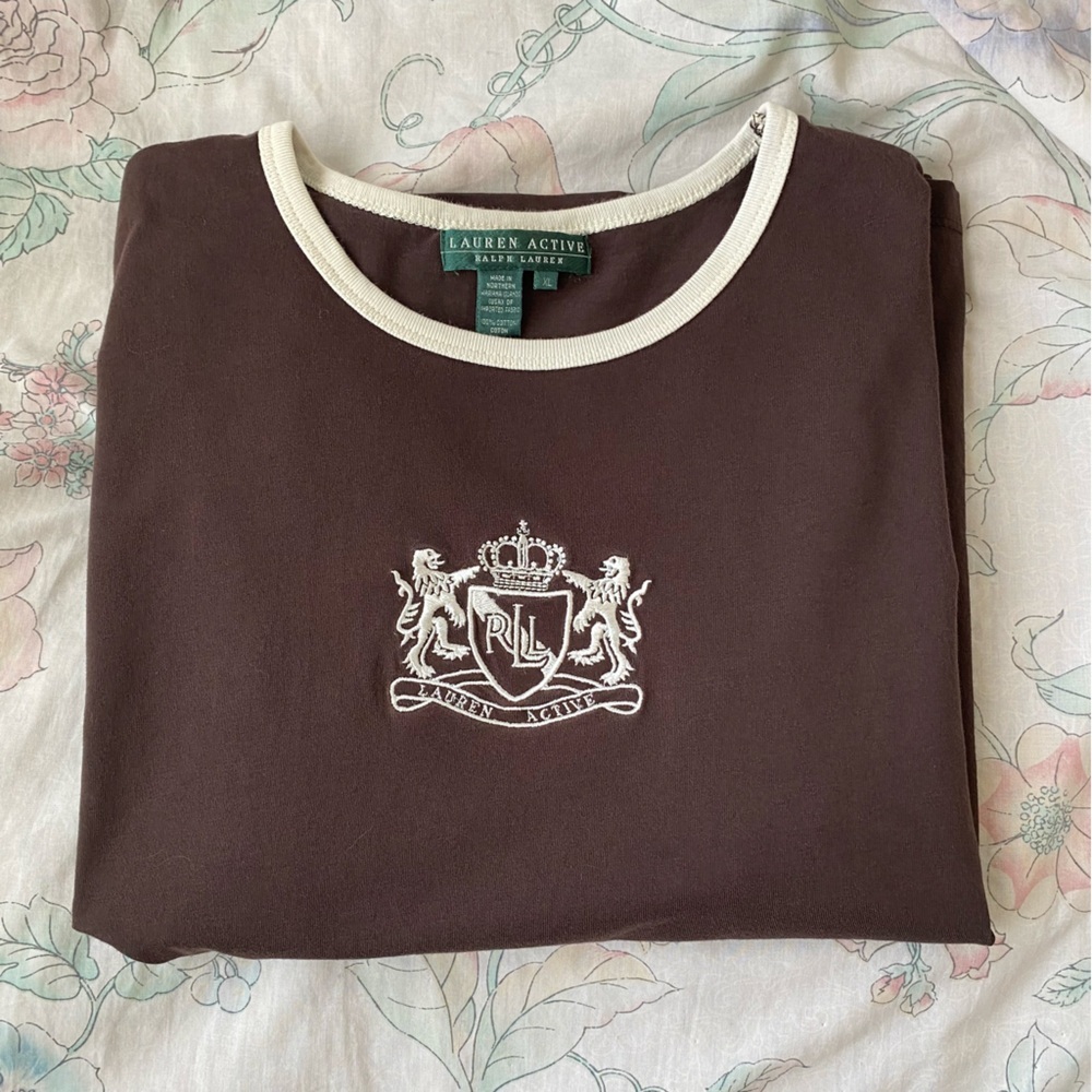 Ralph Lauren Brown Graphic Logo Tee with White Trim Women’s XL 100% Cotton - Picture 3 of 3